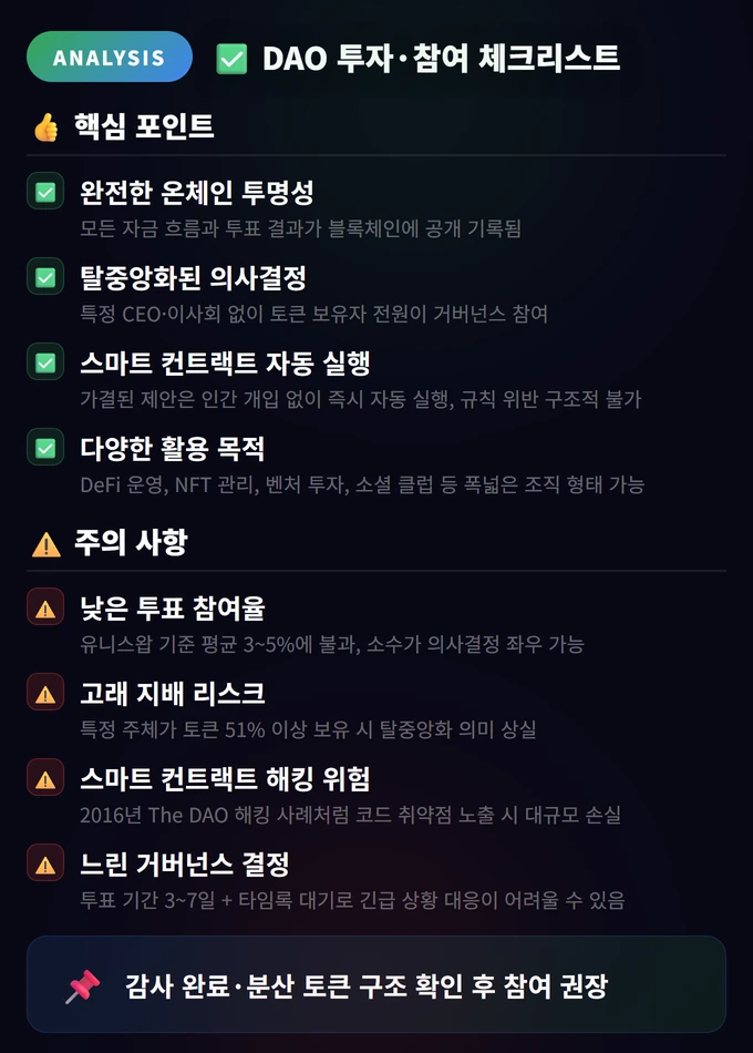 DAO(탈중앙화 자율 조직)란? 완벽 가이드 4 DAO 투자·참여 체크리스트