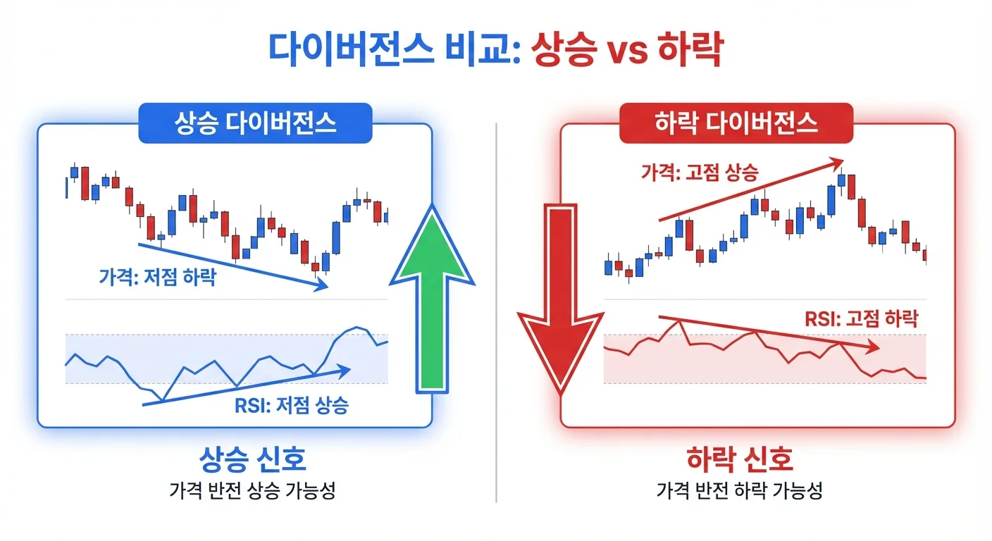 상승 다이버전스 vs 하락 다이버전스 비교 인포그래픽