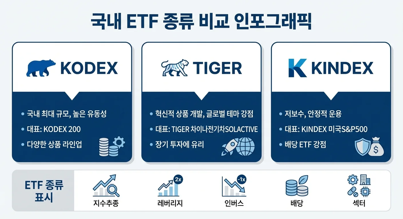 국내 ETF 종류 비교 인포그래픽 - KODEX TIGER KINDEX