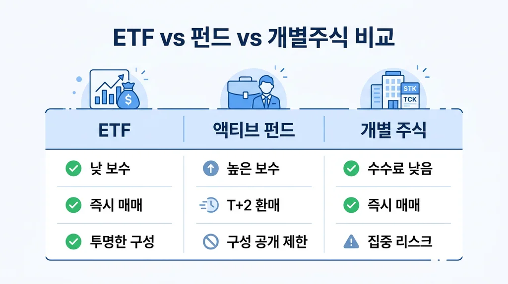 ETF vs 펀드 vs 개별주식 비교 인포그래픽