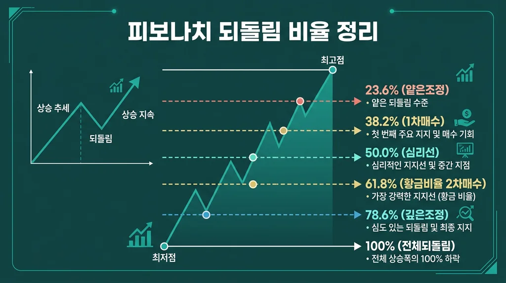 피보나치 되돌림으로 조정폭 예측하기 인포그래픽