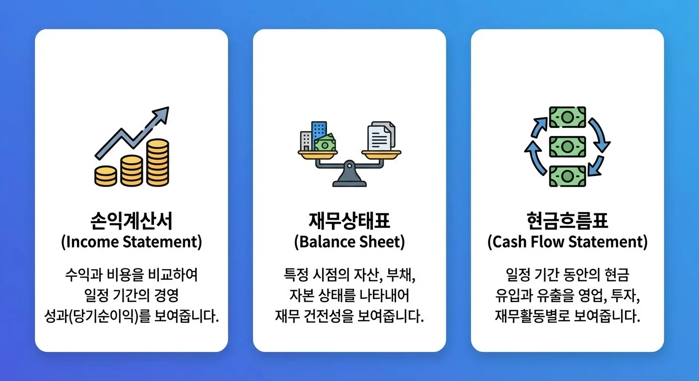 재무제표 3가지 구성요소 인포그래픽 - 손익계산서 재무상태표 현금흐름표