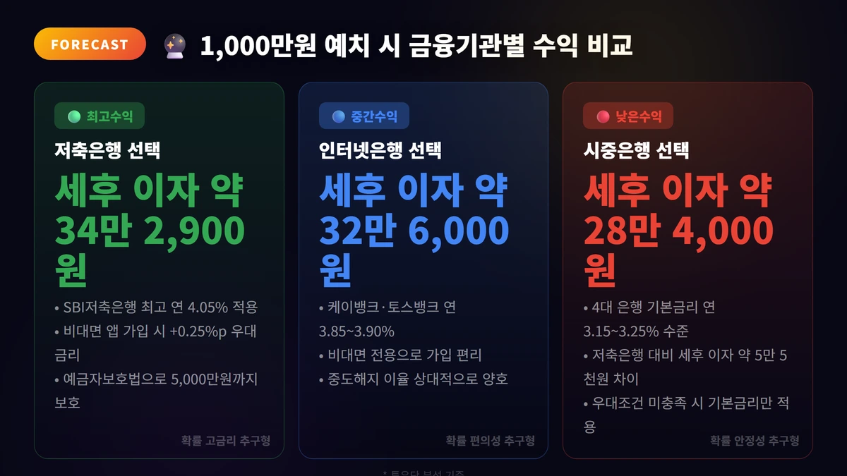 정기예금 금리 비교 은행별 추천 2026: 최고 연 4%대 총정리 3 1,000만원 예치 시 금융기관별 수익 비교