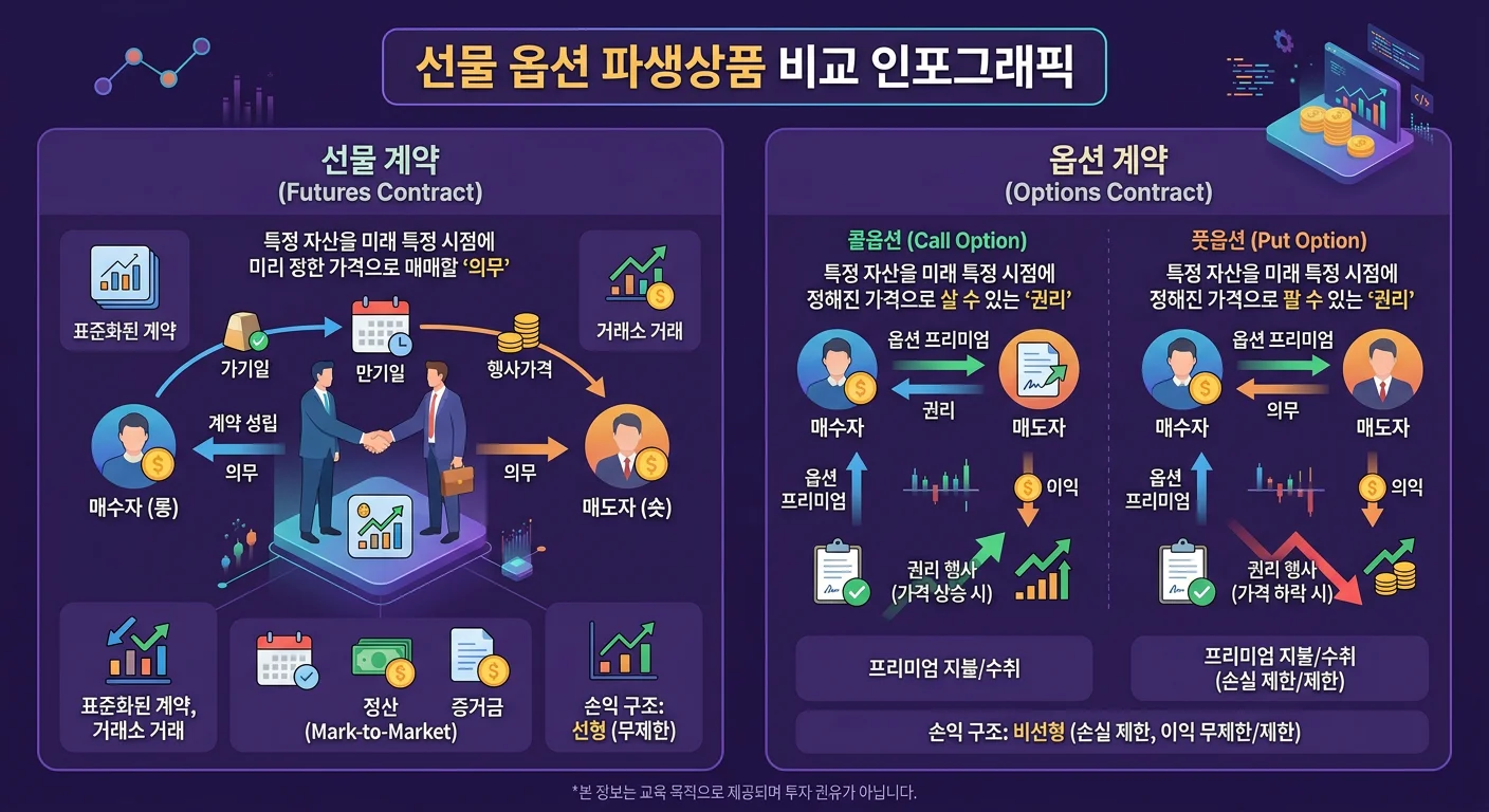 선물 옵션 파생상품 비교 인포그래픽 콜옵션 풋옵션 구조