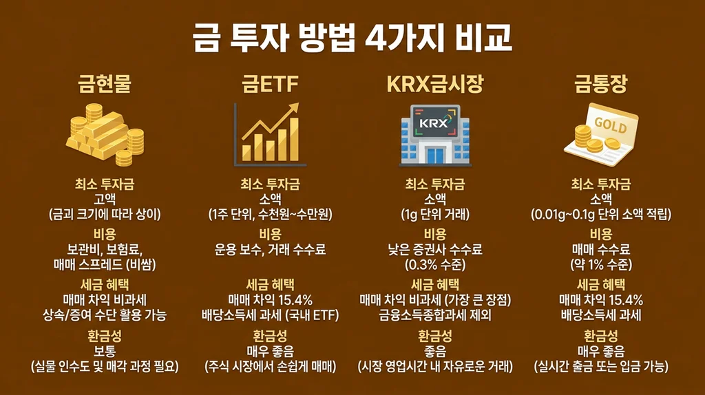 금 투자 4가지 방법 비교 인포그래픽