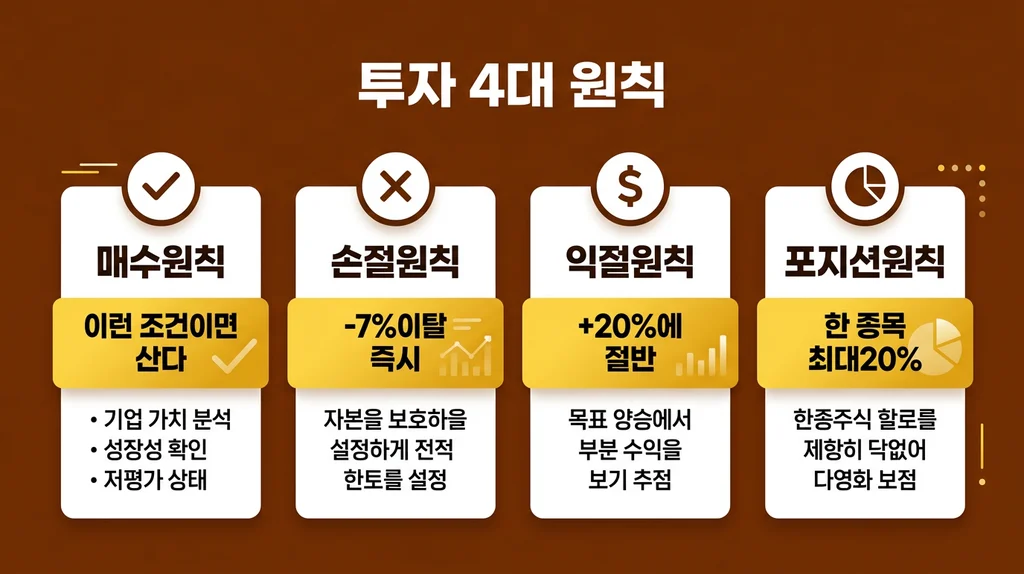 나만의 투자 원칙 세우기: 감정을 이기는 4가지 매매 원칙 완벽 가이드 인포그래픽