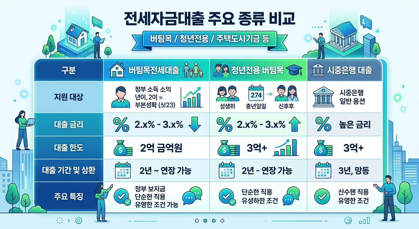 전세자금대출 조건 금리 비교 2026 완벽 가이드 2 전세자금대출 종류 비교 버팀목 청년전용 인포그래픽