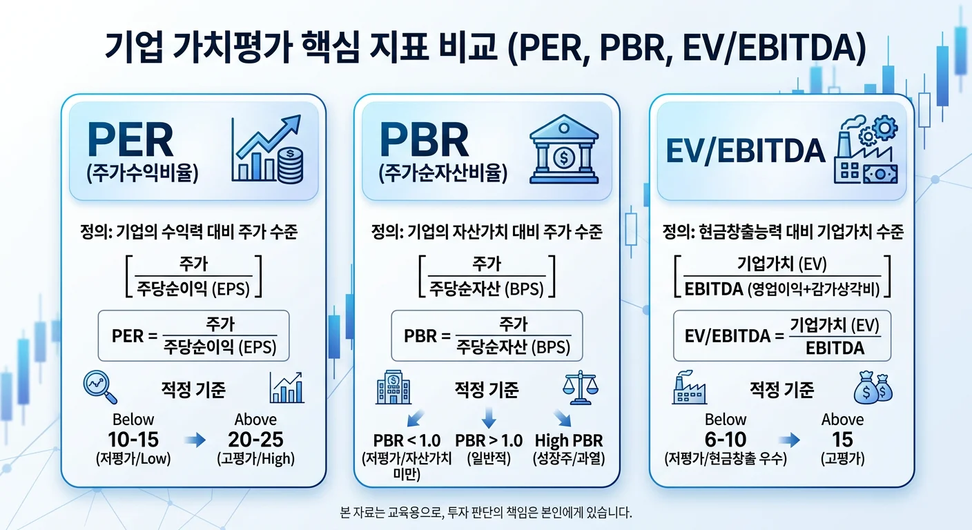 기업 가치평가 PER PBR EV/EBITDA 비교 인포그래픽