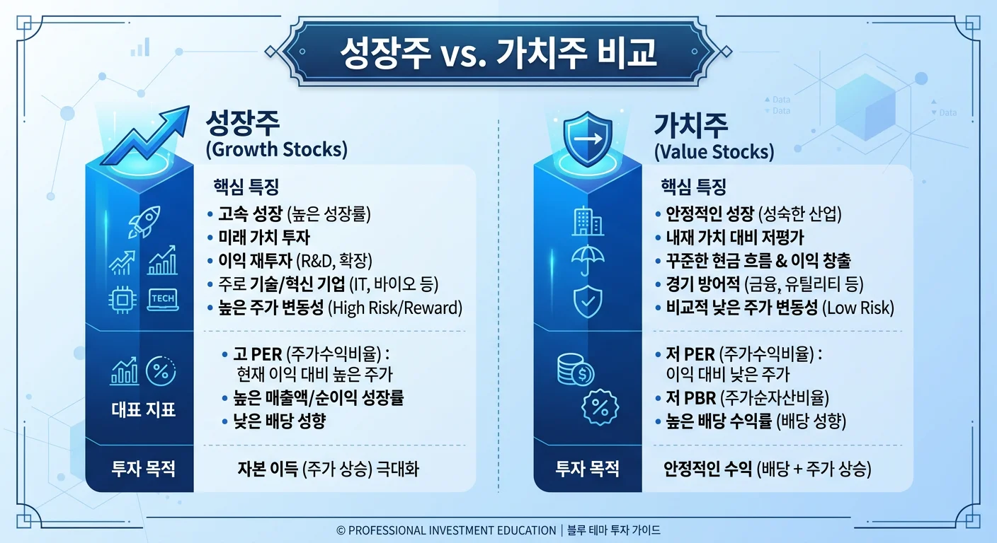 성장주 vs 가치주 비교 투자 전략 인포그래픽