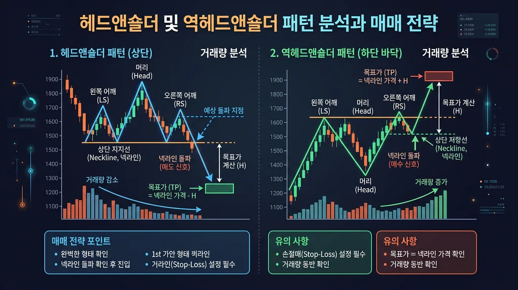 헤드앤숄더 패턴, 머리어깨형 상단 하단, 넥라인 돌파 매매, 역헤드앤숄더, 목표가 계산 인포그래픽