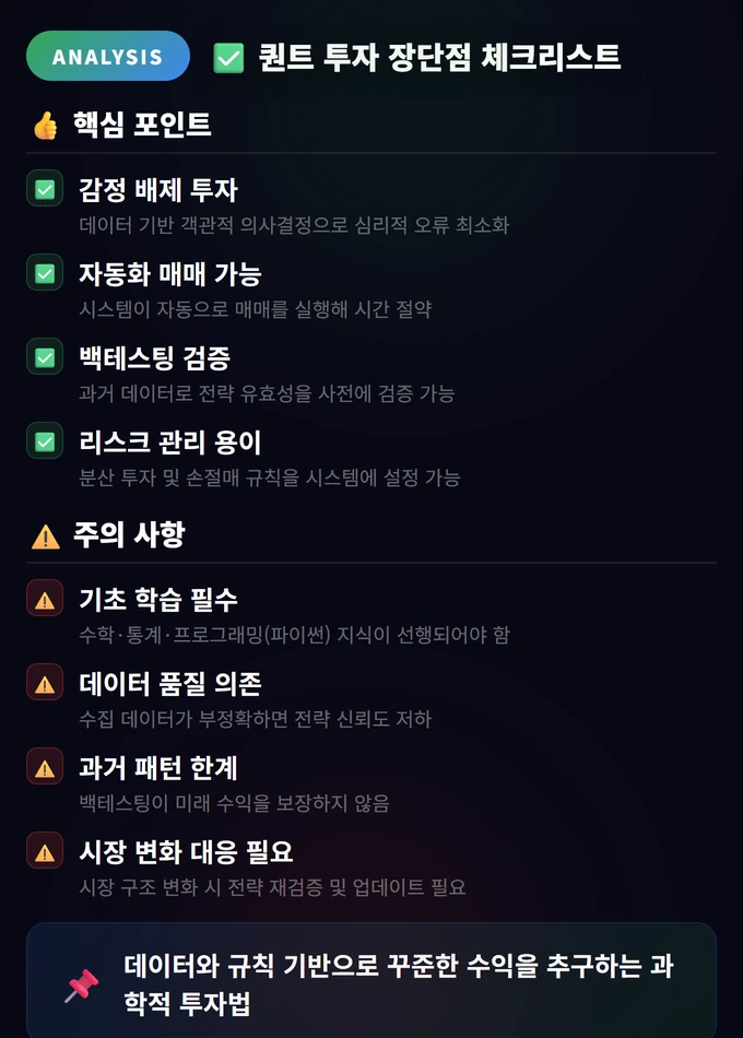 퀀트 투자 입문: 데이터 기반 투자의 기초 4 퀀트 투자 장단점 체크리스트