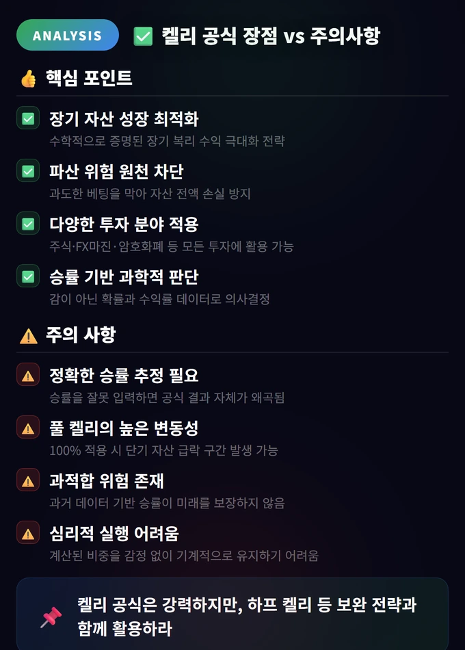 켈리 공식 완벽 가이드: 최적 베팅 사이즈 계산법 4 켈리 공식 장점 vs 주의사항
