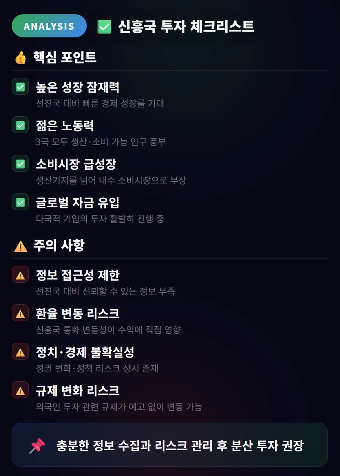 신흥국 투자 완벽 가이드: 인도·베트남·인니 시장 분석 4 신흥국 투자 체크리스트