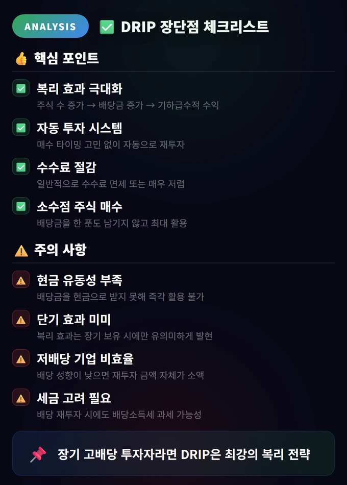 배당 재투자 전략 완벽 가이드: DRIP으로 복리 극대화 4 DRIP 장단점 체크리스트