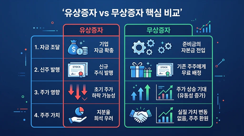 유상증자 vs 무상증자 핵심 비교 인포그래픽