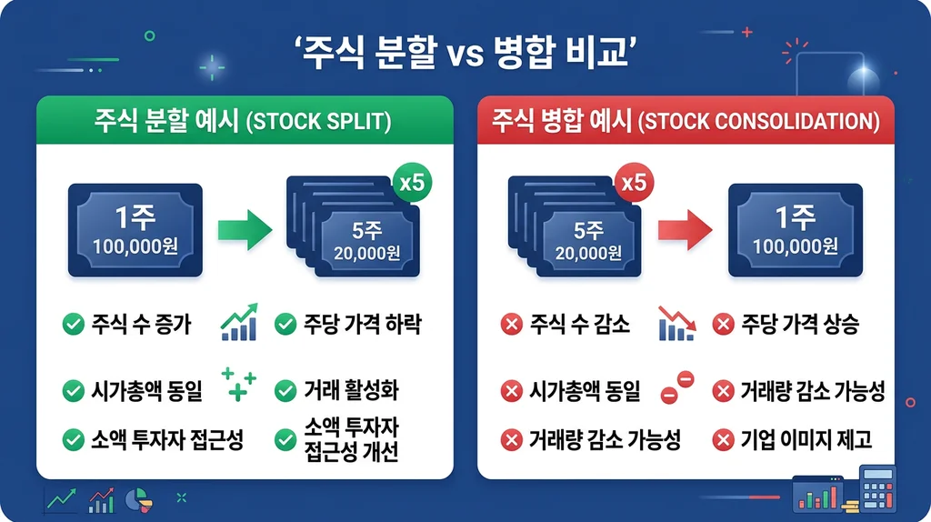주식 분할 vs 병합 비교 인포그래픽