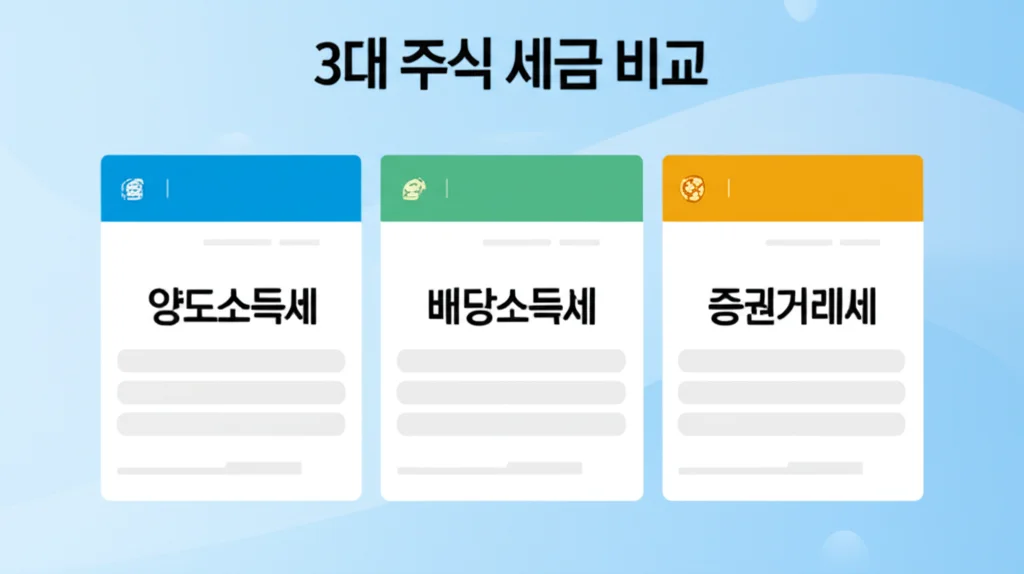 양도소득세 배당소득세 증권거래세 3대 주식 세금 비교 인포그래픽