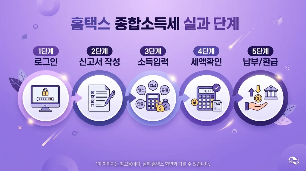 홈택스 종합소득세 신고 5단계 절차 인포그래픽