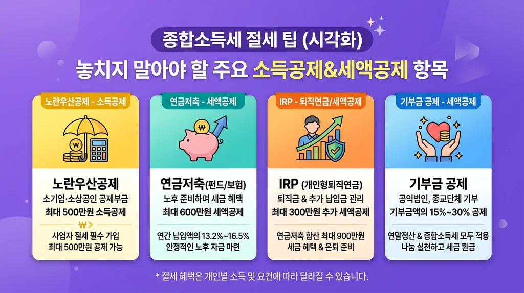 종합소득세 신고 방법 2026 완벽 가이드: 홈택스 절차, 절세 팁, 가산세 주의사항 총정리 3 종합소득세 절세 팁 노란우산공제 연금저축 IRP 인포그래픽