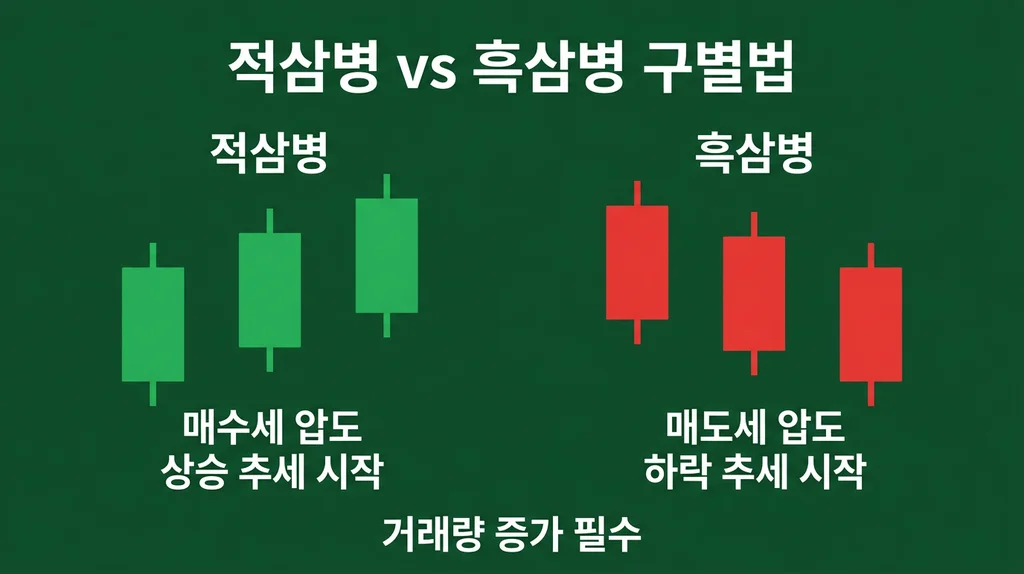 캔들 패턴 4: 적삼병 vs 흑삼병 완벽 해설 인포그래픽