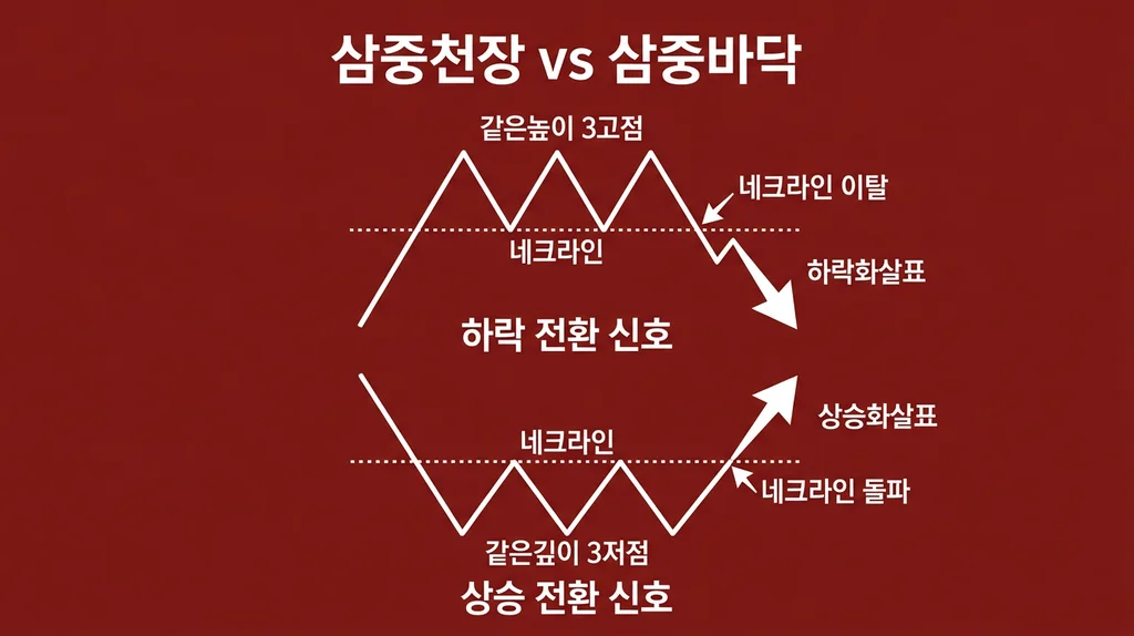삼중천장 vs 삼중바닥: 3번의 실패가 만드는 강력한 반전 신호 인포그래픽