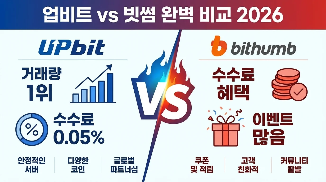업비트 vs 빗썸 완벽 비교 2026 수수료 거래량 보안