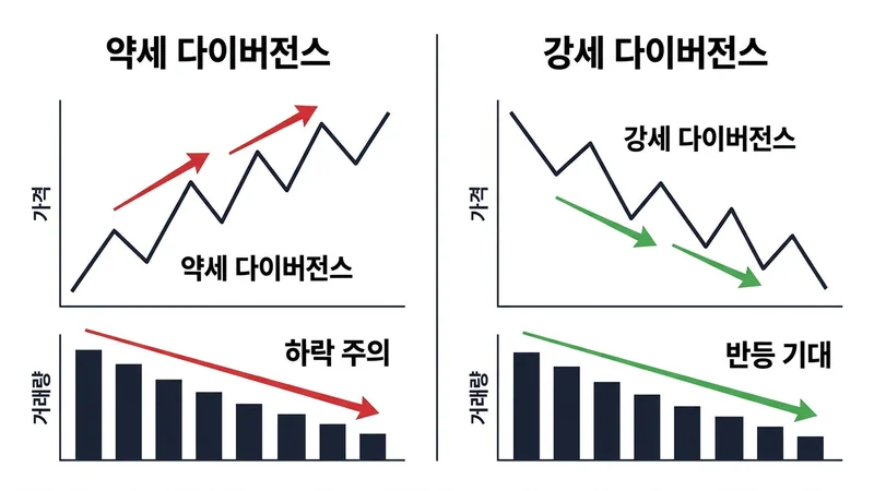 거래량 다이버전스 약세 강세 비교 차트 인포그래픽
